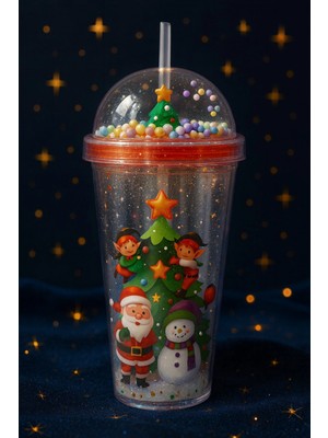 Hace Bazaar Noel Baba & Yılbaşı Temalı Pipetli Suluk 450 ml Çift Katman Mika Su Şişesi 2768