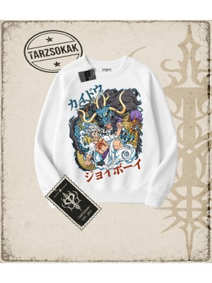 Tarzsokak One Piece Anime Karakterleri  Oversize Unisex Bisiklet Yaka Sweatshirt Beyaz