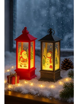Hace Bazaar LED Işıklı Noel Feneri 2’li Set – Noel Baba & Kardan Adam Temalı Dekoratif Yılbaşı Lambası 14 cm