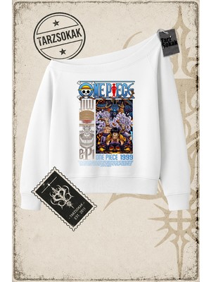 Tarzsokak One Piece Anime Karakterleri  Kadın Kayık Yaka Sweatshirt Beyaz