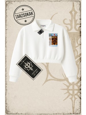 Tarzsokak One Piece Anime Karakterleri  Kadın Crop Polo Yaka Yarım Fermuarlı Sweatshirt Beyaz