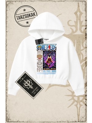 Tarzsokak One Piece Anime Karakterleri  Kadın Crop Kapşonlu Sweatshirt Beyaz