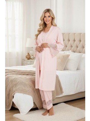 Lohussa Yeni Sezon Pudra Düğmeli Dantelli Yazlık Kısa Kol Tasarım Hamile Lohusa Sabahlık Pijama Takımı Seti