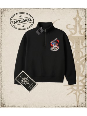 Tarzsokak One Piece Anime Karakterleri  Unisex Polo Yaka Yarım Fermuarlı Sweatshirt Beyaz