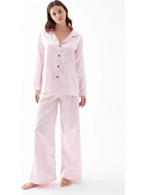 Hace Bazaar Marsilyan- Kadın Pembe Oversize Saten Pijama Takımı – Rahat Kesim Şık Ev Giyim Seti
