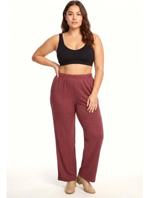 Hace Bazaar Marsilyan- Kadın Bordo Dokulu Büyük Beden Cepli Pijama Altı Rahat Kesim Yumuşak Kumaş Ev Giyim Alt