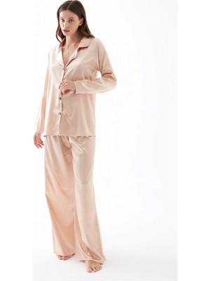 Hace Bazaar Marsilyan- Kadın Bej Oversize Saten Pijama Takımı – Rahat Kesim Şık Ev Giyim Seti