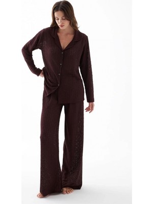 Hace Bazaar Marsilyan- Kadın Mürdüm Önden Düğmeli Rahat Kesim Pijama Takımı – Günlük Ev Giyim Seti