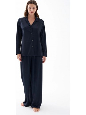 Hace Bazaar Marsilyan- Kadın Lacivert Oversize Saten Pijama Takımı – Rahat Kesim Şık Ev Giyim Seti
