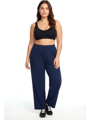 Hace Bazaar Marsilyan- Kadın Lacivert Dokulu Büyük Beden Cepli Pijama Altı Rahat Kesim Esnek Bel Günlük Ev Giyim Alt