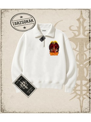 Tarzsokak One Piece Anime Karakterleri  Unisex Polo Yaka Yarım Fermuarlı Sweatshirt Beyaz