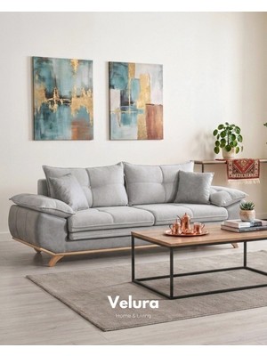 Velura Home & Living Azir Yataklı Koltuk Takımı & Bazalı Koltuk & Üçlü Kanepe (3'LÜ) - Gri Nubuk Bukle Kumaş