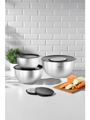 Nehir Silver Çelik Saten 9 Parça Rendeli Karıştırma Kabı Takımı
