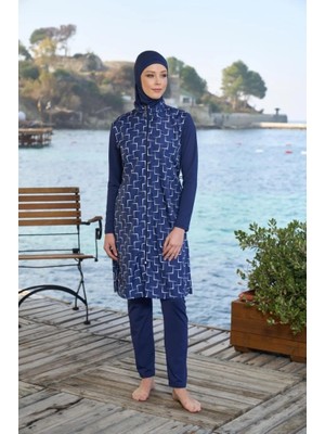 Estiva 25944 Lacivert Fermuarlı Geometrik Desenli Tam Boy Tesettür Mayo