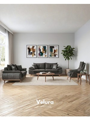 Velura Home & Living Azir Koltuk Takımı & Bazalı Yataklı Koltuk Takımı 3 3 1 - Nubuk Bukle Kumaş