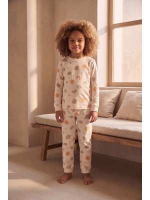 Çocuk Gezegen Desenli Pijama Takımı Ekru
