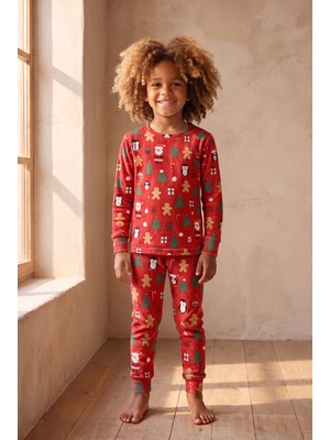 Çocuk Yılbaşı Temalı Pijama Takımı Kırmızı