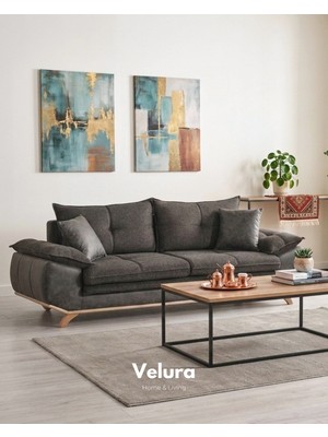 Velura Home & Living Azir Yataklı Koltuk Takımı & Bazalı Koltuk & Üçlü Kanepe (3'LÜ) - Antrasit Nubuk Bukle Kumaş