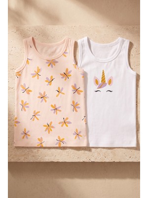 Kız Çocuk Unicorn Desenli 2'li Paket Atlet Beyaz/açık Pembe