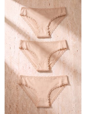 Kadın 3'lü Dantelli Basic Slip Külot Ten