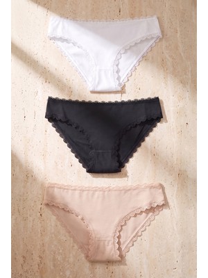 Katia & Bony Kadın 3'lü Dantelli Basic Slip Külot Siyah/beyaz/nude