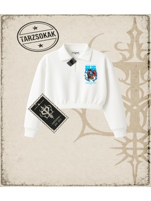 Tarzsokak One Piece Anime Karakterleri  Kadın Crop Polo Yaka Yarım Fermuarlı Sweatshirt Beyaz