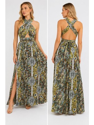Meride Fashion Omuzlardan Açık Yakadan Çapraz Geçme Detaylı Yırtmaçlı Süprem Elbise - 62590 L/xl - Desenli Sarı
