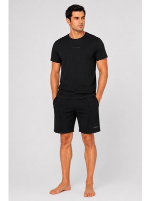 Pierre Cardin Premium Erkek Büyük Beden Logolu %100 Pamuklu Rahat Kalıp Kısa Kol Şort Pijama Takım
