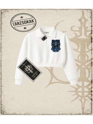 Tarzsokak One Piece Anime Karakterleri  Kadın Crop Polo Yaka Yarım Fermuarlı Sweatshirt Beyaz