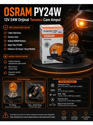 Osram PY24W 12V 24W Turuncu Cam Sinyal Ampulü Orijinal 1 Adet