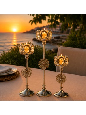 Vien Home Lüks Gümüş Kristal Taşlı 3'lü Şamdan Mumluk Seti