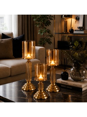 Vien Home Gold Cam Dekoratif 3'lü Şamdan Mumluk Seti