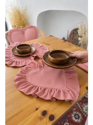 Kai Home Rosy Serisi Pembe Dak Keten Kalp Fırfırlı Keten Supla / Amerikan Servis 2'li