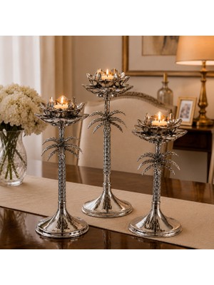 Vien Home Palmiye Desenli Gümüş Renk Metal Lotus Mumluk 3'lü Şamdan Seti Dekoratif Mumluk