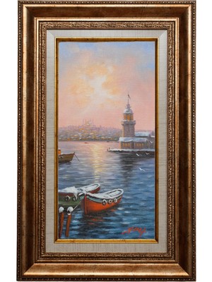 Galeri Atmaca Kız Kulesi'nde Pembe Akşam – Istanbul Boğazı Yağlı Boya Tablo