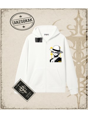 Tarzsokak One Piece Anime Karakterleri  Oversize Unisex Hırka & Çeket Fermuarlı Sweatshirt Beyaz