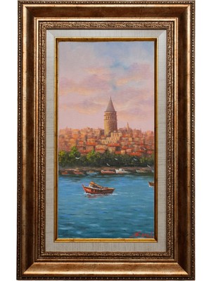 Galeri Atmaca Galata Kulesi Boğaz Manzarası ve Balıkçı Teknesi Yağlı Boya Tablo