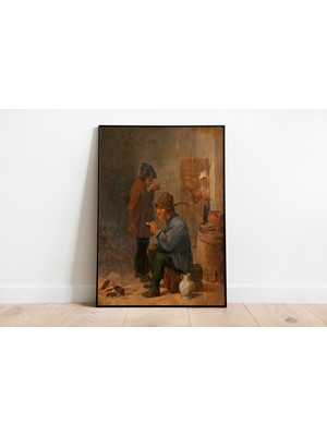Pegziz David Teniers Ateş Başındaki Iki Köylü Tablosu | Çerçeveli Flaman Tür Resmi Sanat Poster Duvar Dekoru