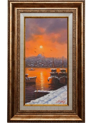 Galeri Atmaca Ay Işığında Istanbul Boğazı Kayıkları Yağlı Boya Tablo