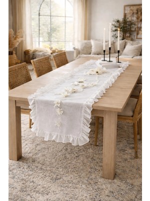Kai Home Shine White Keten Heryeri Fırfırlı Dikdörtgen Runner 40 x 120CM
