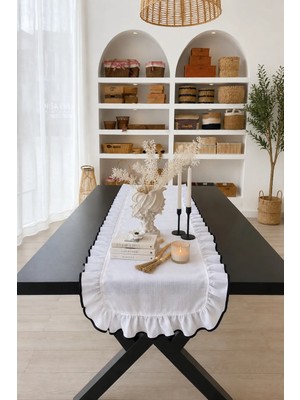 Kai Home Shine White Keten Heryeri Fırfırlı Nakış Detaylı Dikdörtgen Runner 40CMX120CM