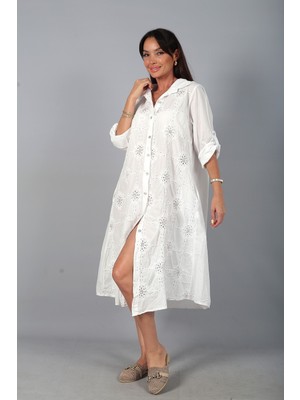 By Saygı Kadın Italyan Cotton Cepli Kabartma Nakışlı Pullu Oversize Uzun Elbise