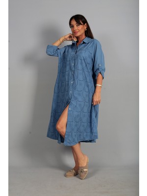 By Saygı Kadın Italyan Cotton Cepli Kabartma Çiçek Nakış Işlemeli Oversize Uzun Elbise