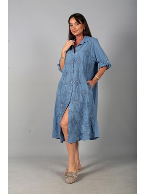 By Saygı Kadın Italyan Cotton Cepli Kabartma Nakışlı Pullu Oversize Uzun Elbise