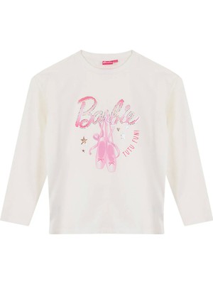Barbie Ekru Kız Çocuk Bisiklet Yaka Baskılı T-Shirt BRB6WG-TST6644