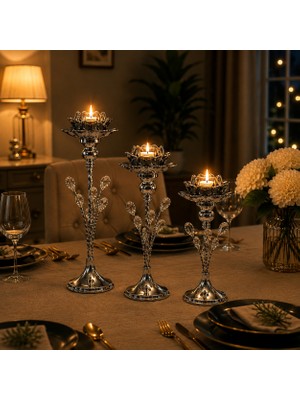Vien Home 3'lü Gümüş Lotus Mumluk Seti Kristal Taş Detaylı Metal Şamdan Dekoratif Mumluk