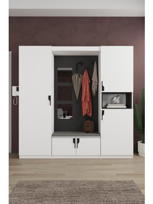 Asra Trend Lüks Aynalı Portmanto Askılı Vestiyer %100 Mdf Çok Raflı Ayakkabılık V04