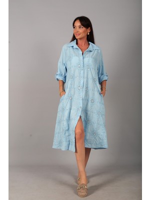 By Saygı Kadın Italyan Cotton Cepli Kabartma Nakışlı Pullu Oversize Uzun Elbise