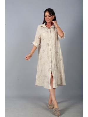 By Saygı Kadın Italyan Cotton Cepli Kabartma Nakışlı Pullu Oversize Uzun Elbise