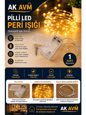Ak Avm Pilli LED Peri Işığı Dekoratif Tel Işık Zinciri Sarı Işık Ev Oda Süsleme